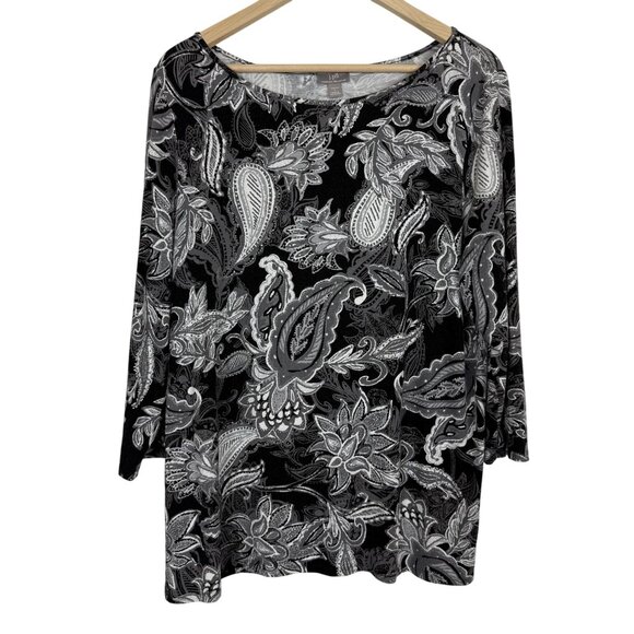 J. Jill Wearever Collection Paisley Floral Top Large Stretch Tunic 3/4 Sleeves - Picture 1 of 11